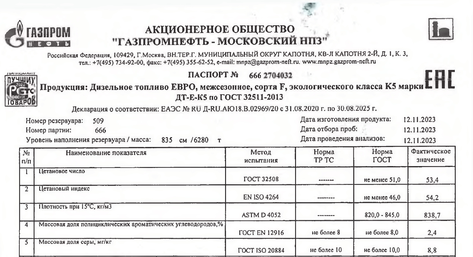 Паспорт качества — обязательный документ, который должен предоставляться при каждой поставке топлива.